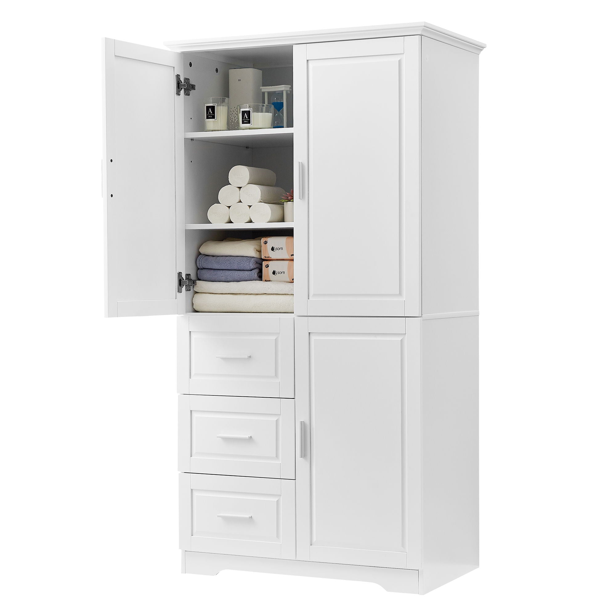 Tall And Wide Storage Cabinet With Doors, 3 Drawers