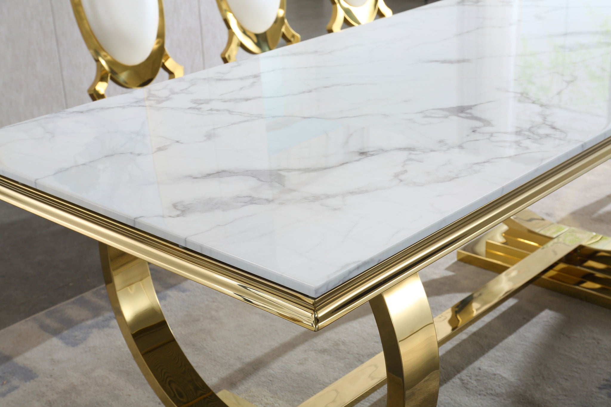 Modern Rectangular Marble Printing Dining Table, Double U Shape Stainless Steel Base With Mirrored Finish