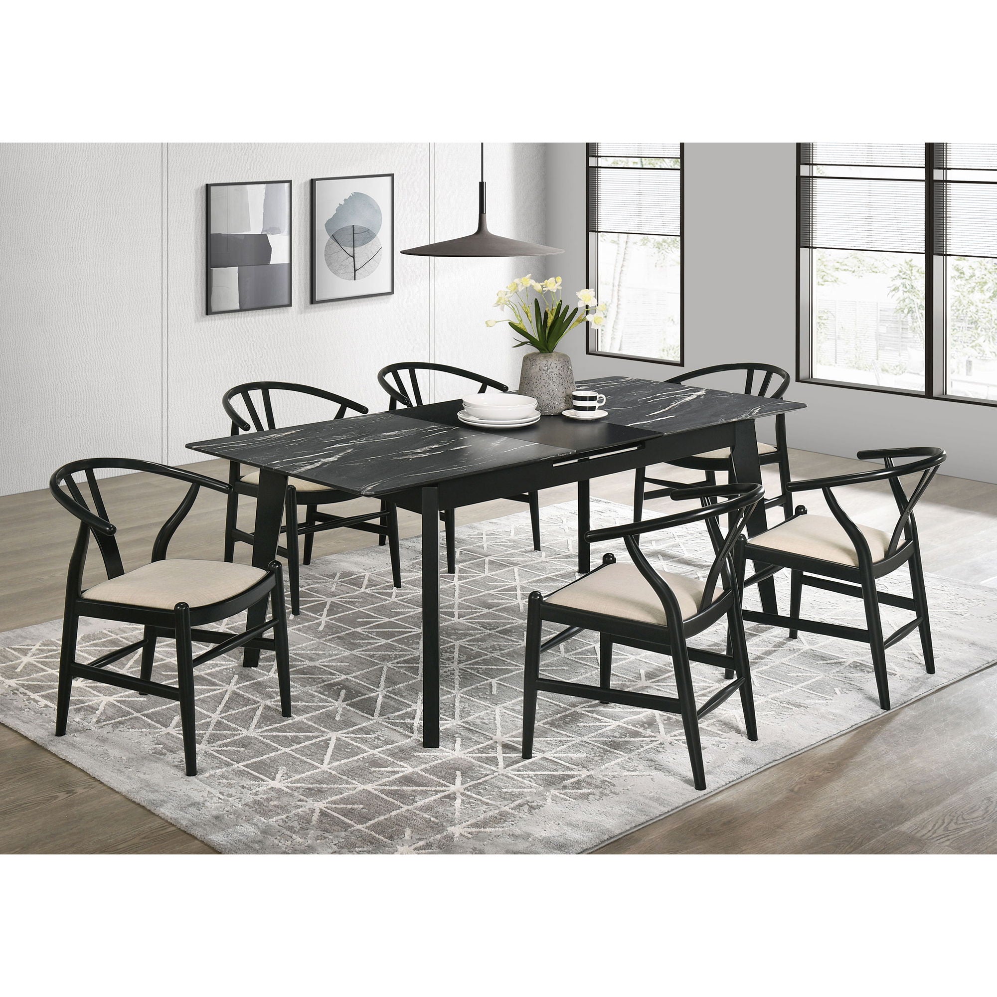 Bellingham - Dining Table With Self Storing Extension Leaf - Black Marble-Look Sintered Stone