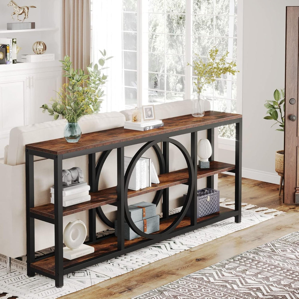 Extra Long Console Table With 3 Tier Open Shelves And Circular Frame - Brown / Black