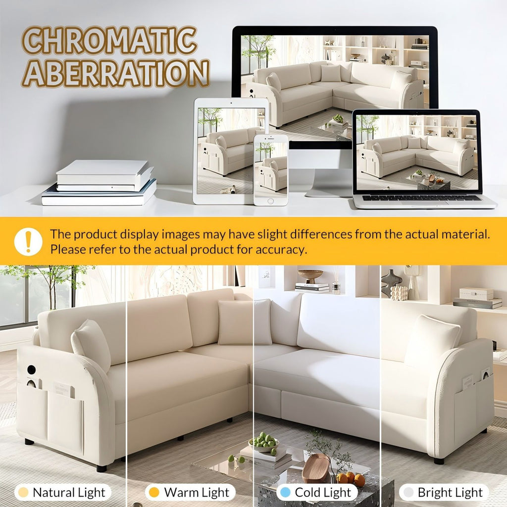 L-Shaped Couch With Pull-Out Bed, Oversize Convertible Sleeper Sofa With Side Pocket & USB Port