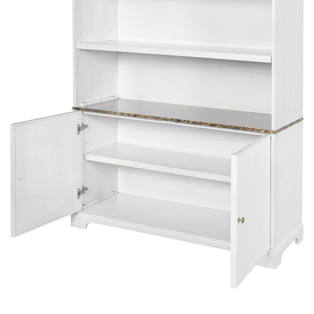 Tall Bookcase Storage Cabinet With 3 Open Shelves & Fluted Double Doors