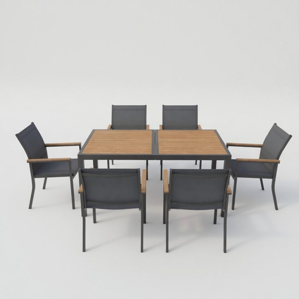 7 Piece Gray Aluminum Patio Dining Set With Textilene Chairs For Outdoor Living Frame With Accents, 59" Rectangle Table, All Weather Durable