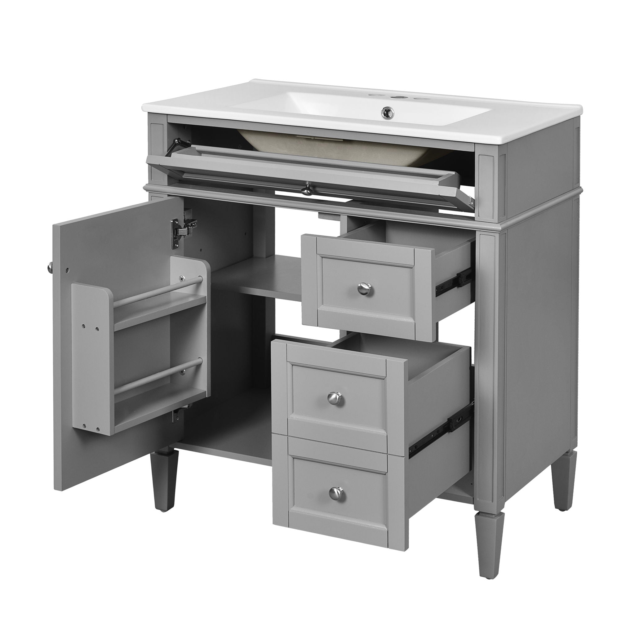Bathroom Vanity With Top Sink, Freestanding Storage Cabinet With 2 Doors And 3 Drawers, Mirror Cabinet Included - Gray