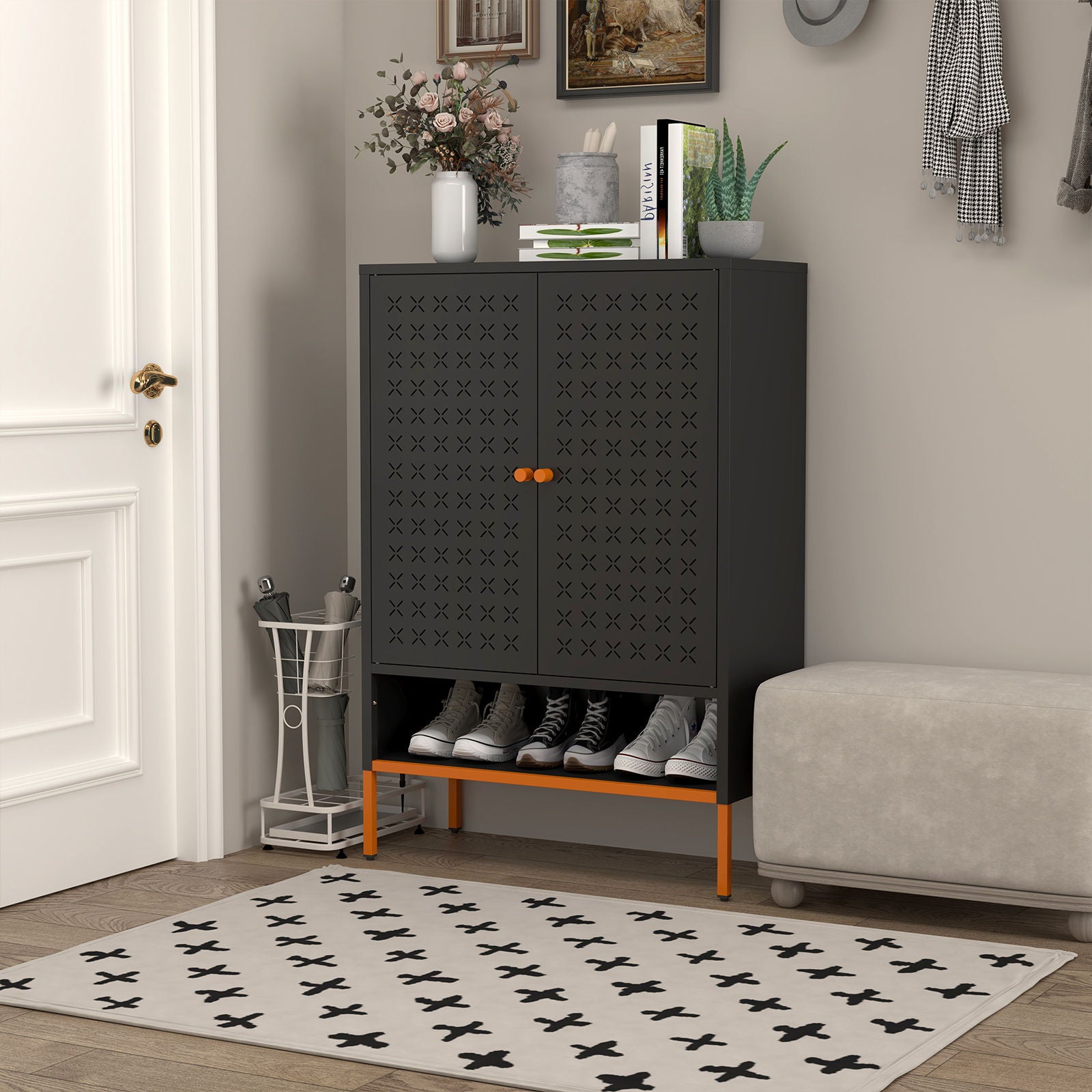 Grid Double Door Shoe Cabinet With Adjustable Compartments And Moisture-Proof Design In Metal