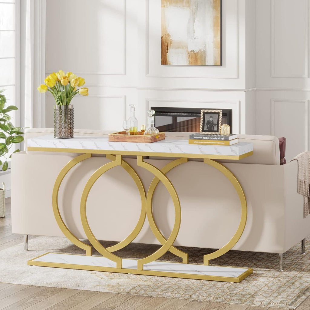 Console Table With Geometric Base For Entryway - Gold / White