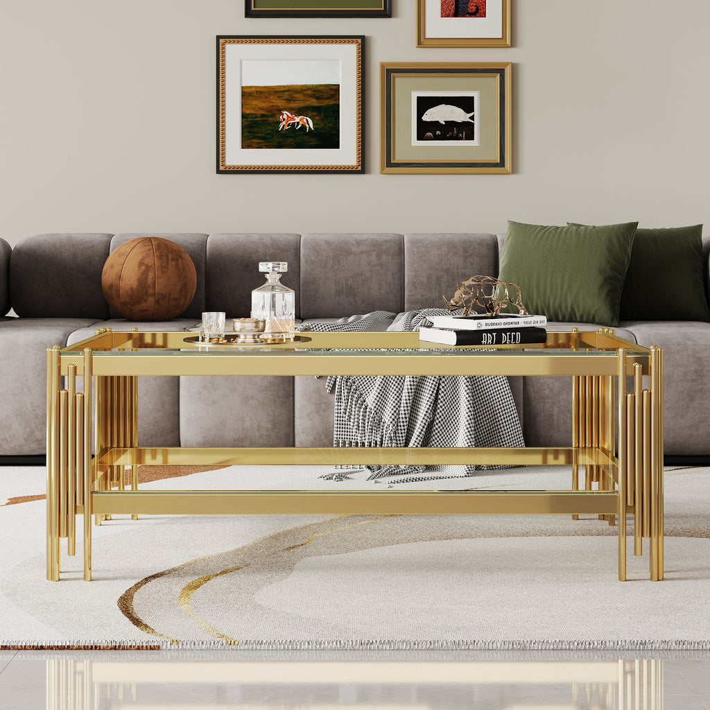 Top And Bottom Double Layer Tempered Glass Table And Mirror Finished Stainless Steel Frame