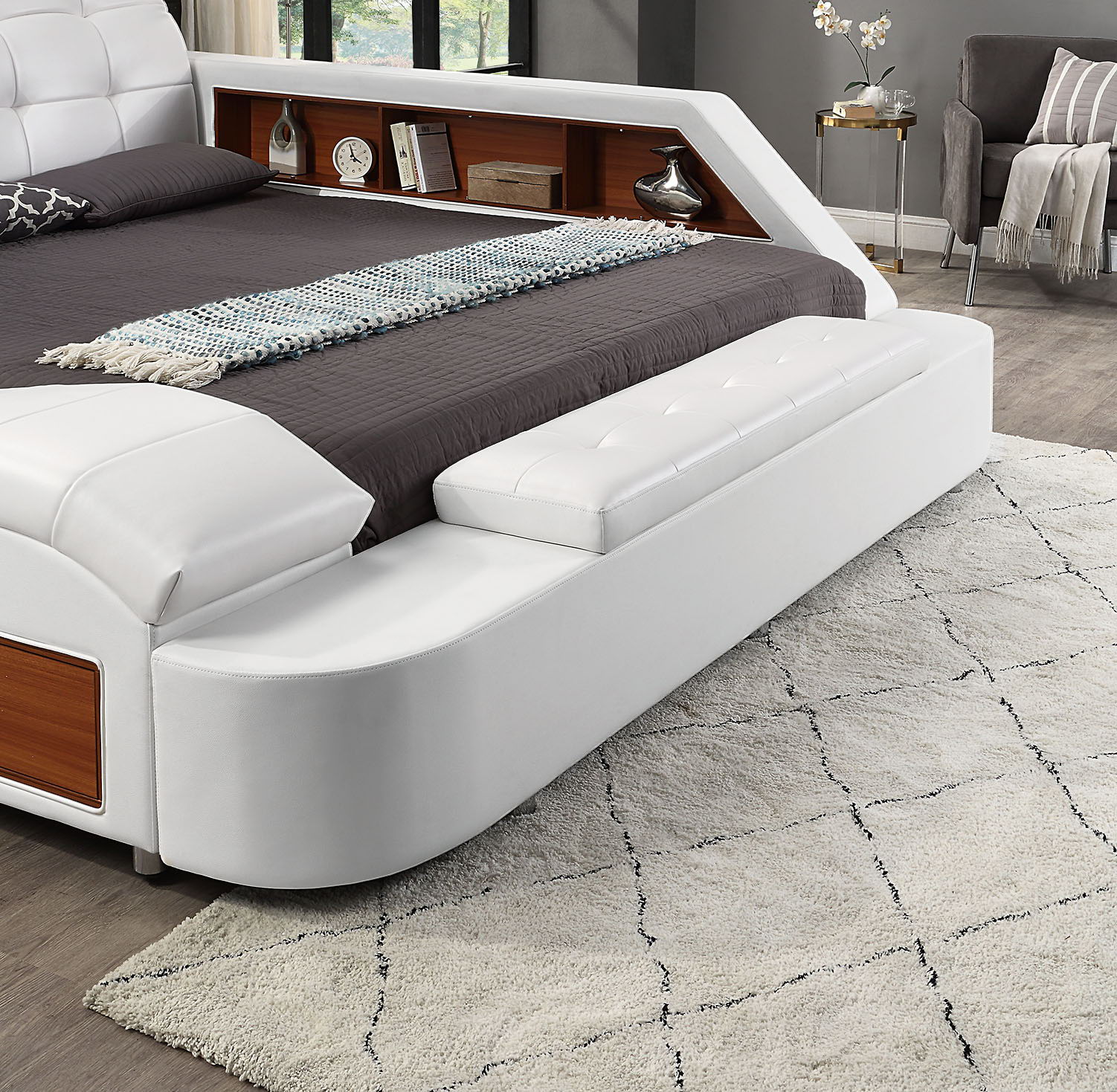 Multifunctional Upholstered Storage Bed Frame, Massage Chaise Lounge On Left