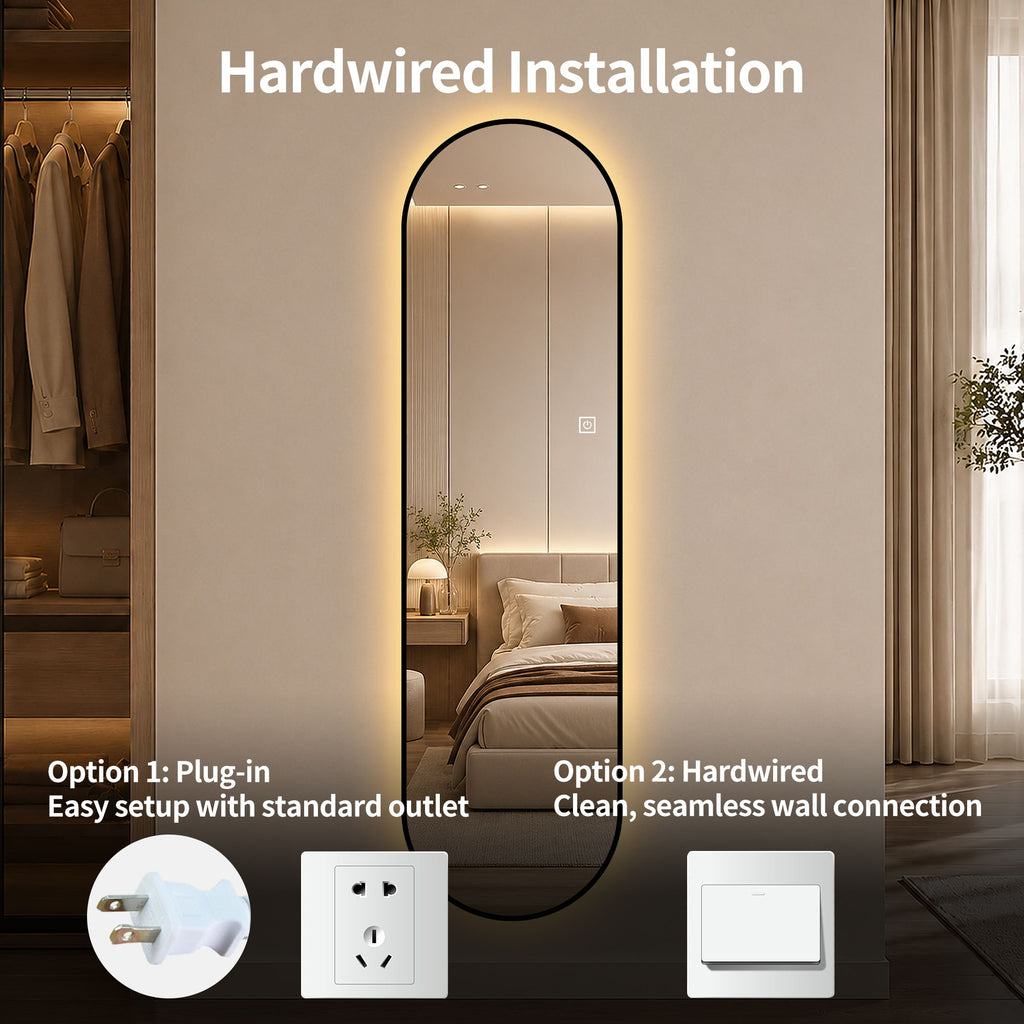 Capsule Shaped Dimmable LED Full Length Wall Mirror With Frame - Silver