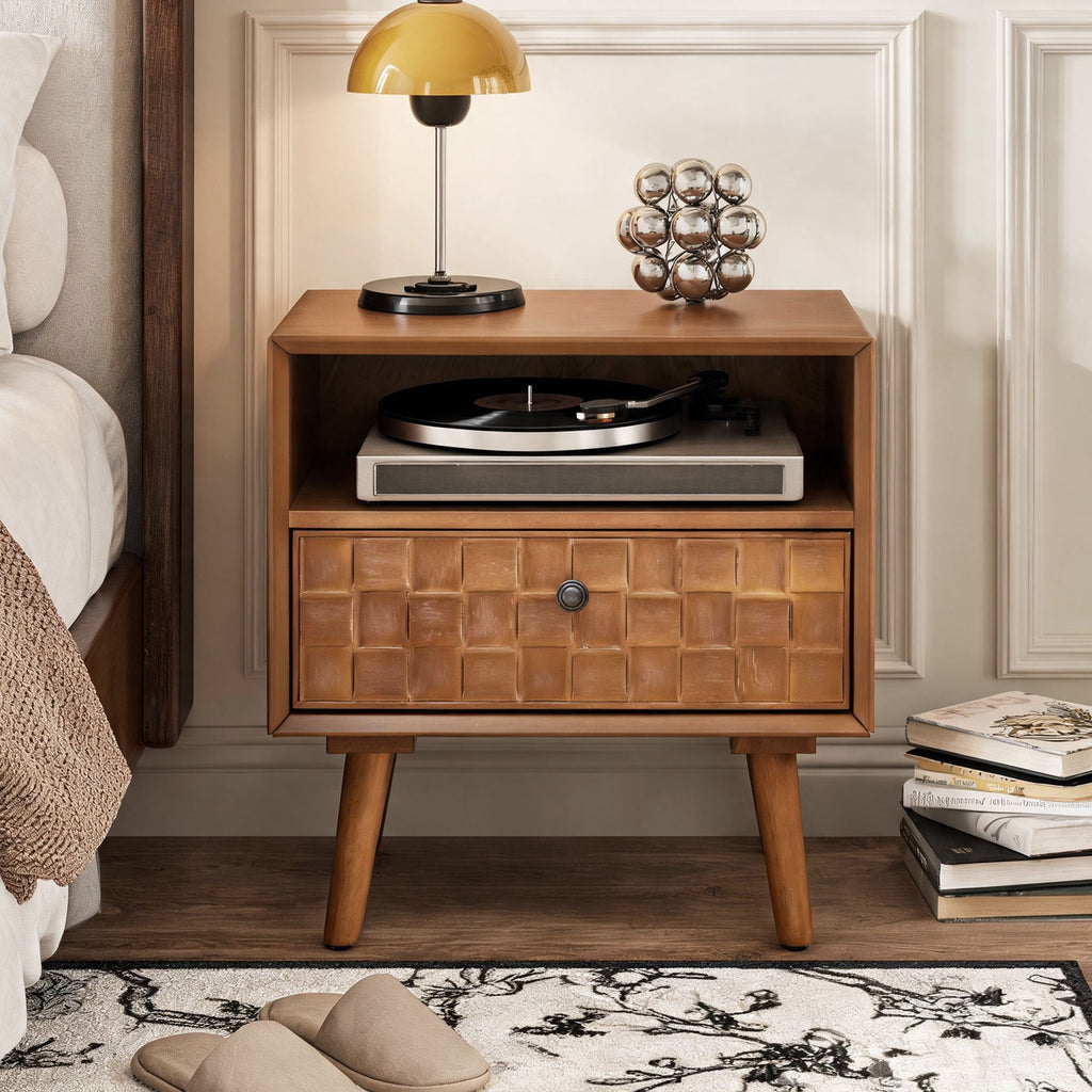 Nightstand With Carved Geometric Drawer Front, 1 Drawer And Open Shelf