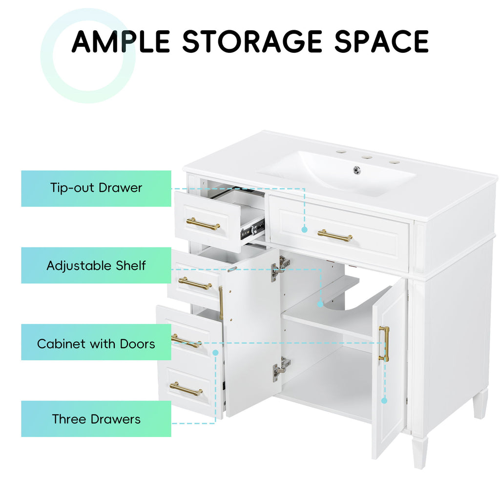 Bathroom Vanity With Sink, 4 Drawers (1 Flip Drawer), 2 Doors & Adjustable Shelf - White