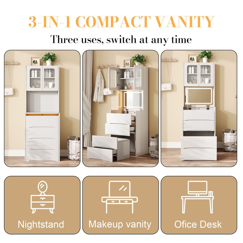 3 In 1 Vanity Table With LED Mirror & Storage Stool For Bedroom