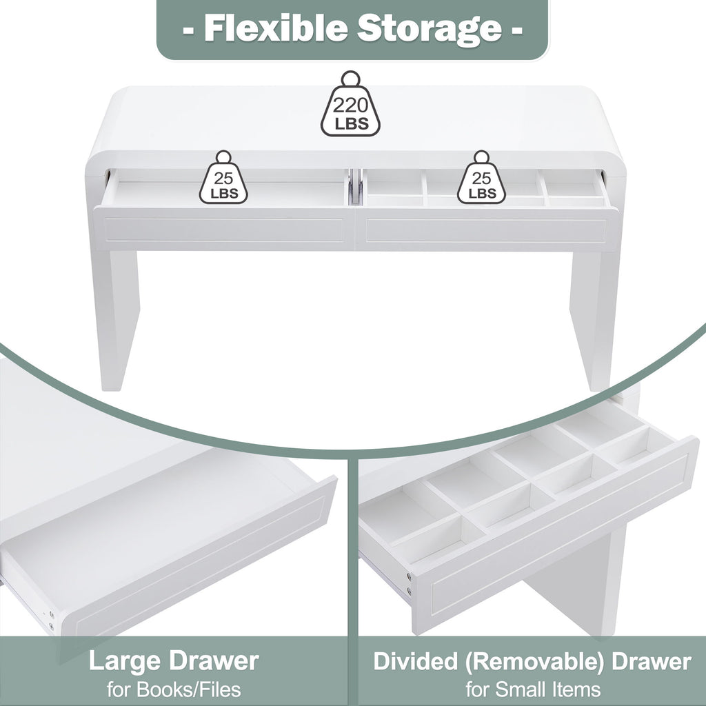 Curved Console Table With Storage, 2 Drawers - White