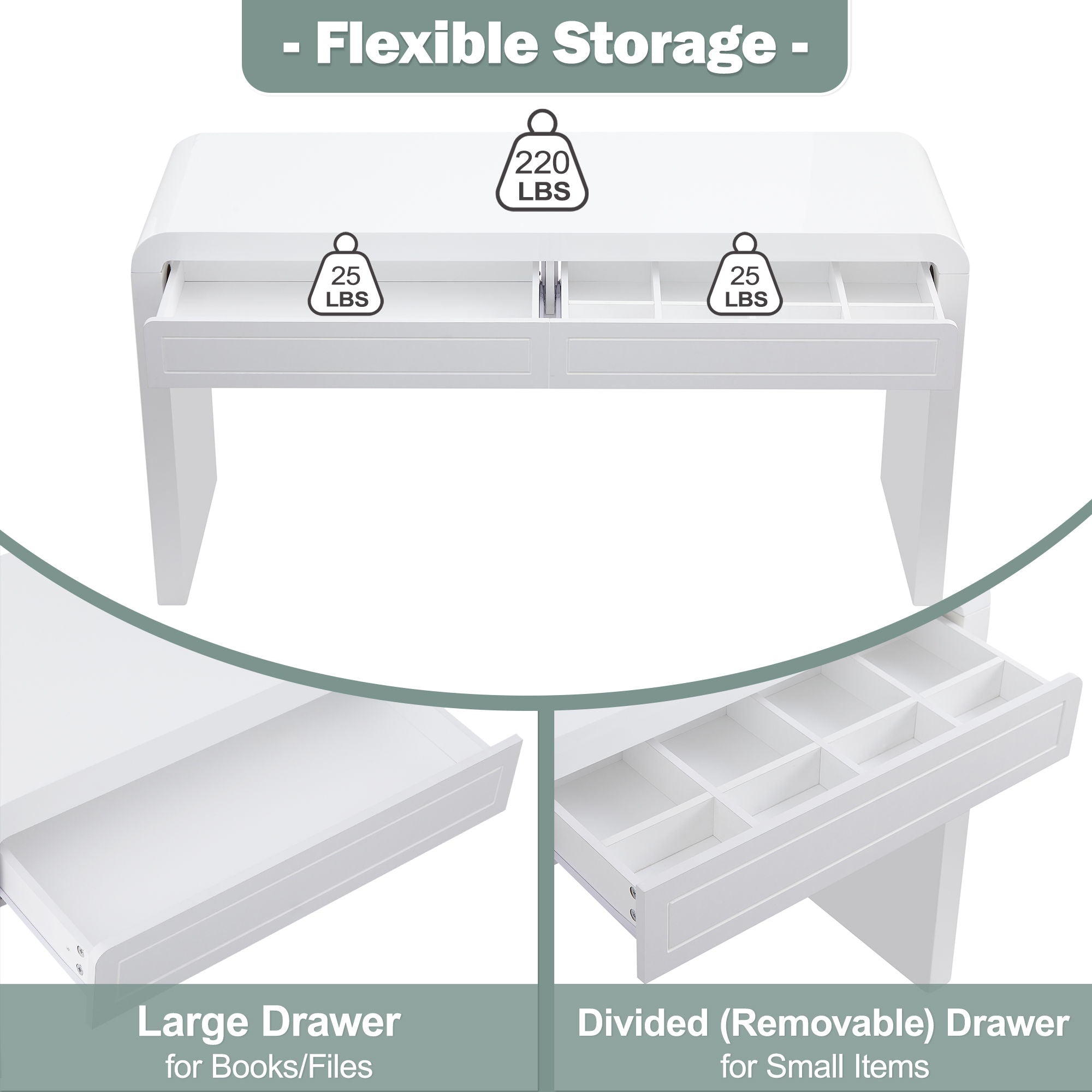 Curved Console Table With Storage, 2 Drawers - White