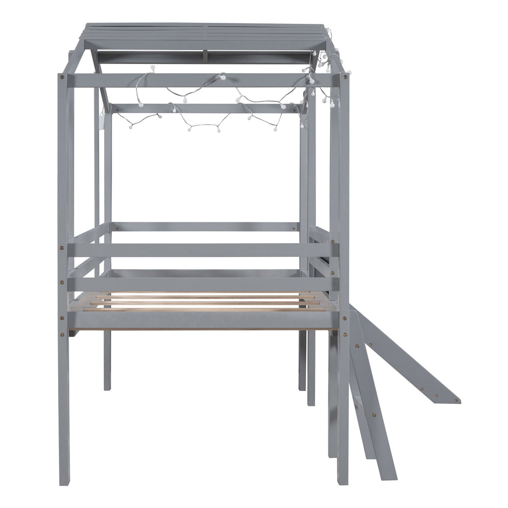 Loft House Bed With Ladder And Slide, With board And Light Strip On The Roof
