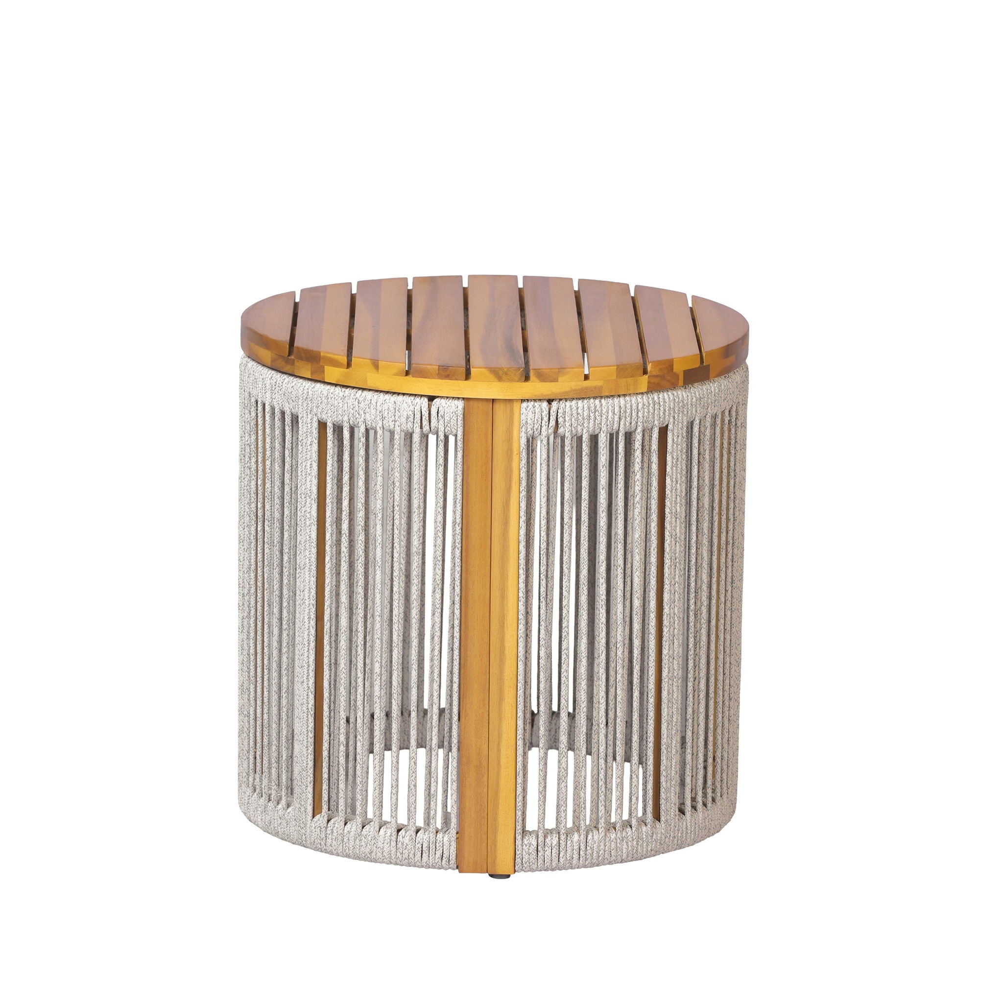 Round Side Table With Rope Detail For Patio - Light Gray / Teak