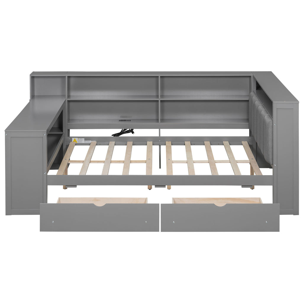 Platform Bed With Upholstered Headboard, Storage Shelves, Drawers, Charging Station, LED Lighting, Built In Desk