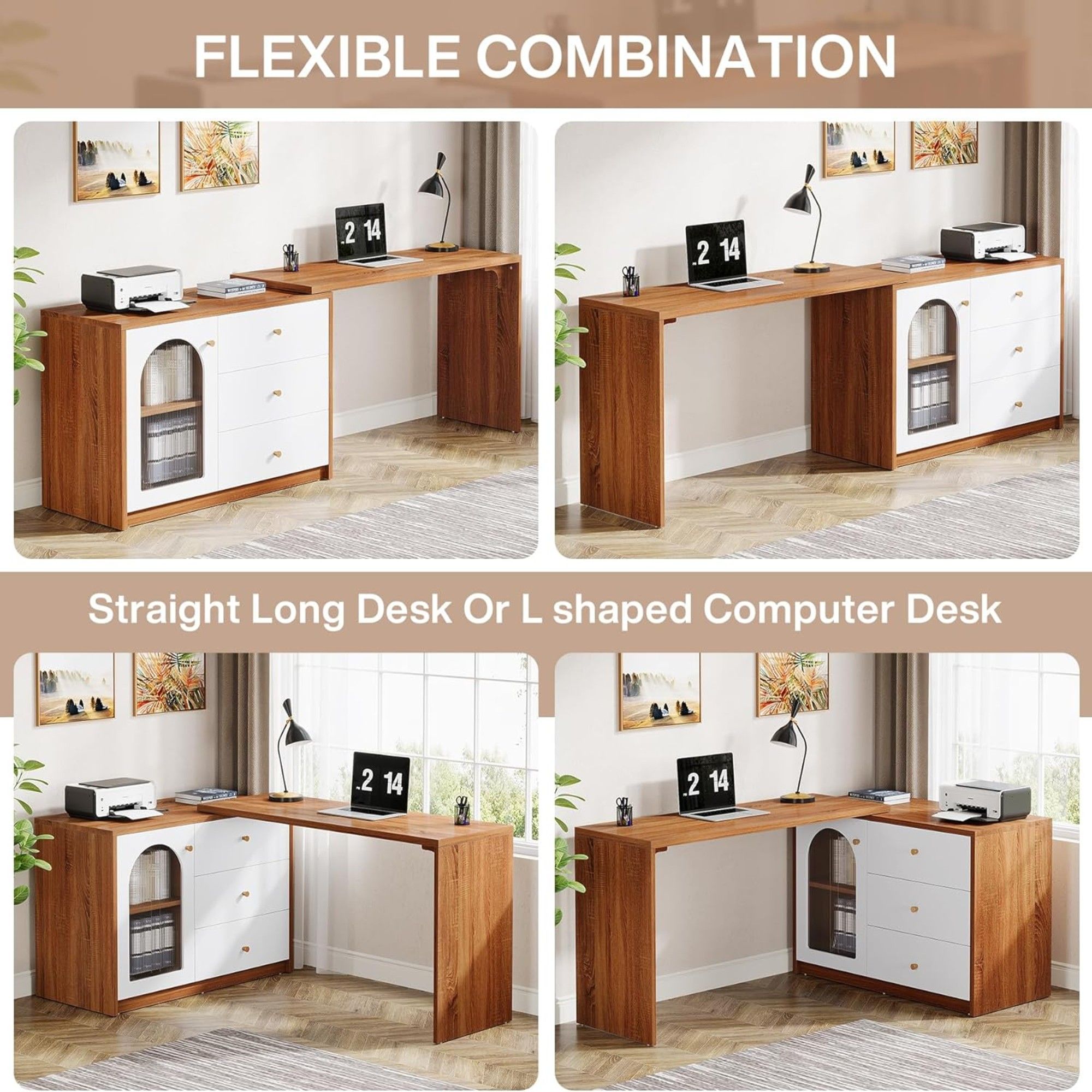 L - Shaped Computer Desk With Drawers, Reversible Corner Workstation For Home Office - Brown / White