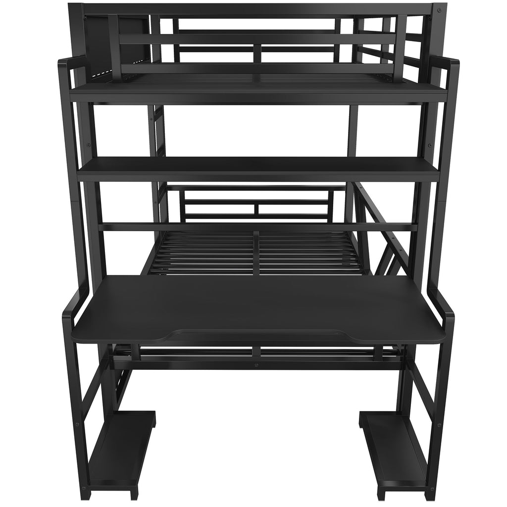 Full Gaming Bunk Bed With Desk, Two Storage Shelves And LED Light - Black
