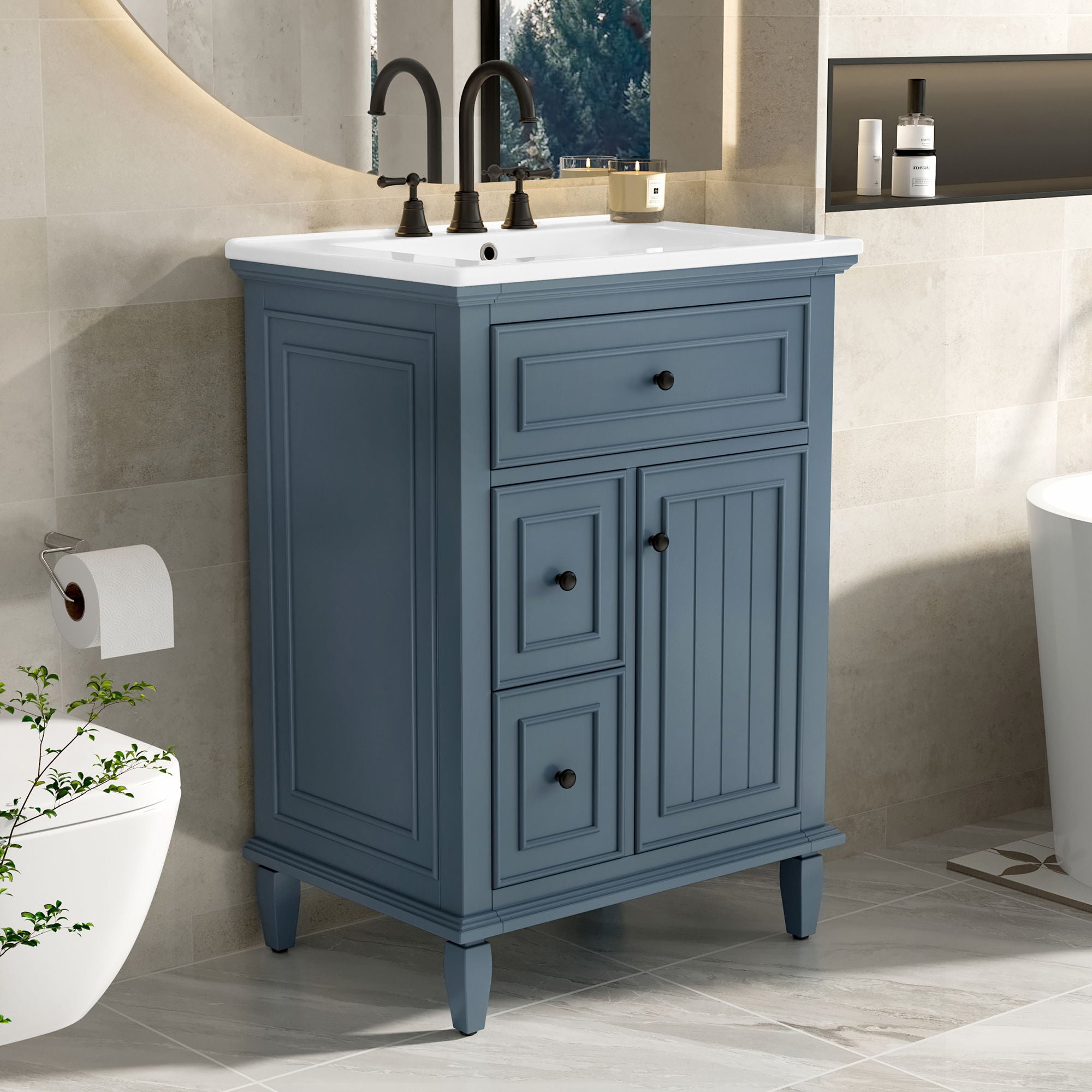 Modern Bathroom Vanity With Sink, Adjustable Shelf, 1 Flip Drawer & 2 Drawers