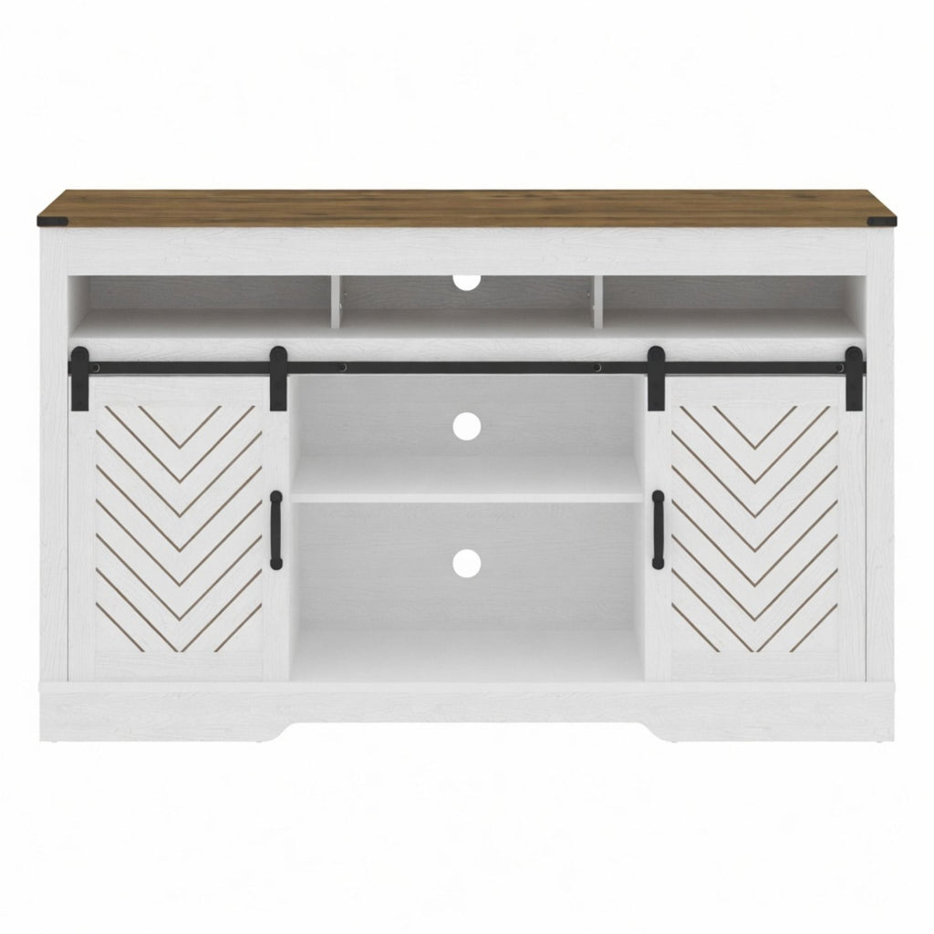 TV Stand With Sliding Barn Doors And Adjustable Storage - White / Oak