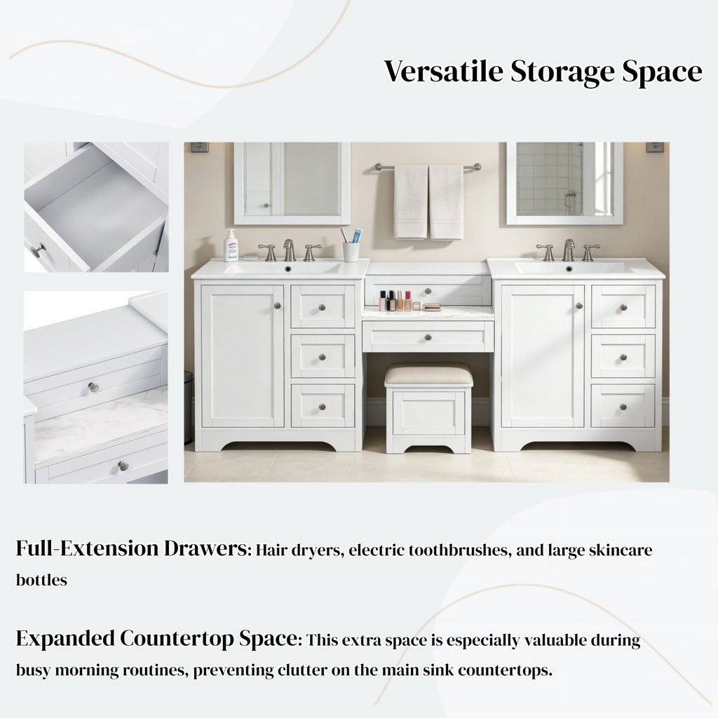 Double Sink Bathroom Vanity With Countertop, 2 Ceramic Sinks, 6 Drawers, Soft Close Design