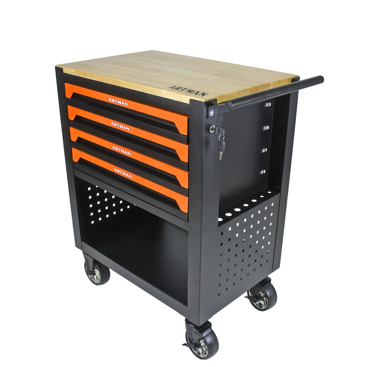 4 Drawers Multifunctional Tool Cart With Wheels And Wooden Top - Orange