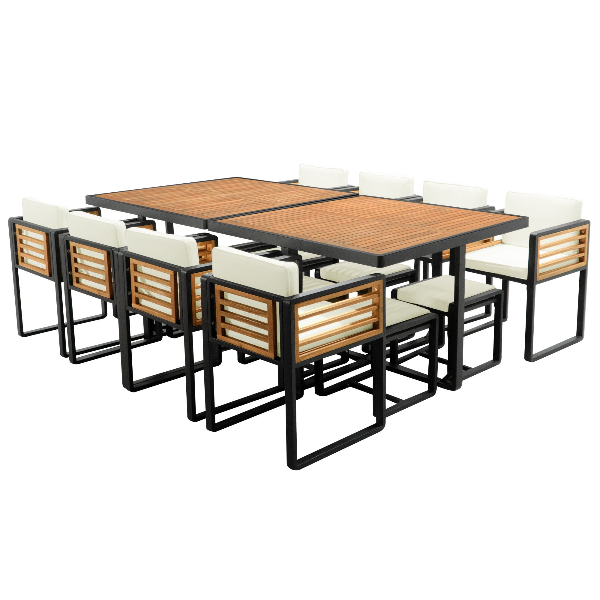 Acacia Wood Patio Dining Set, Cushioned Chairs & Ottomans Square Table