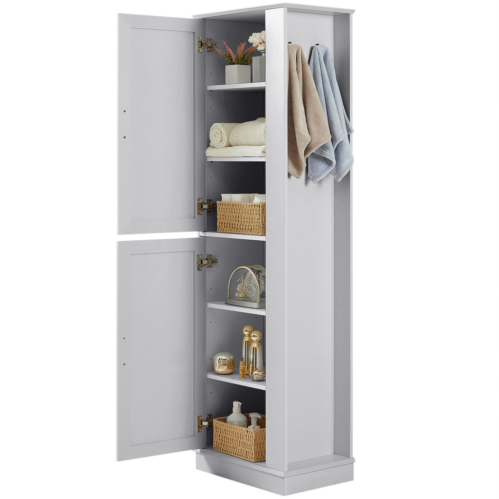 Tall Freestanding Bathroom Storage Cabinet With Adjustable Shelves And Side Hooks