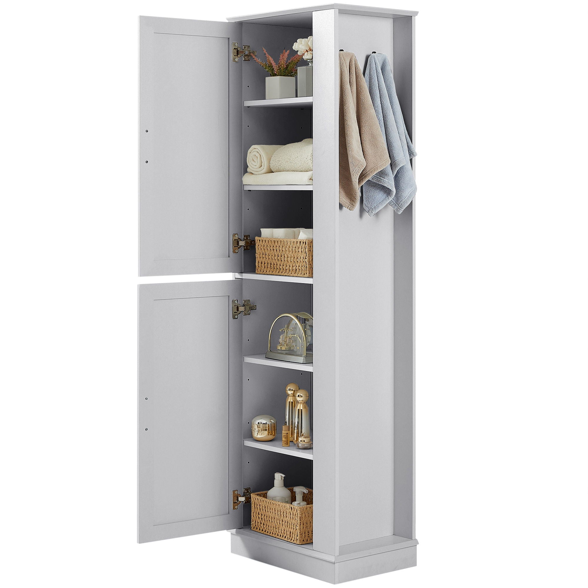 Tall Freestanding Bathroom Storage Cabinet With Adjustable Shelves And Side Hooks