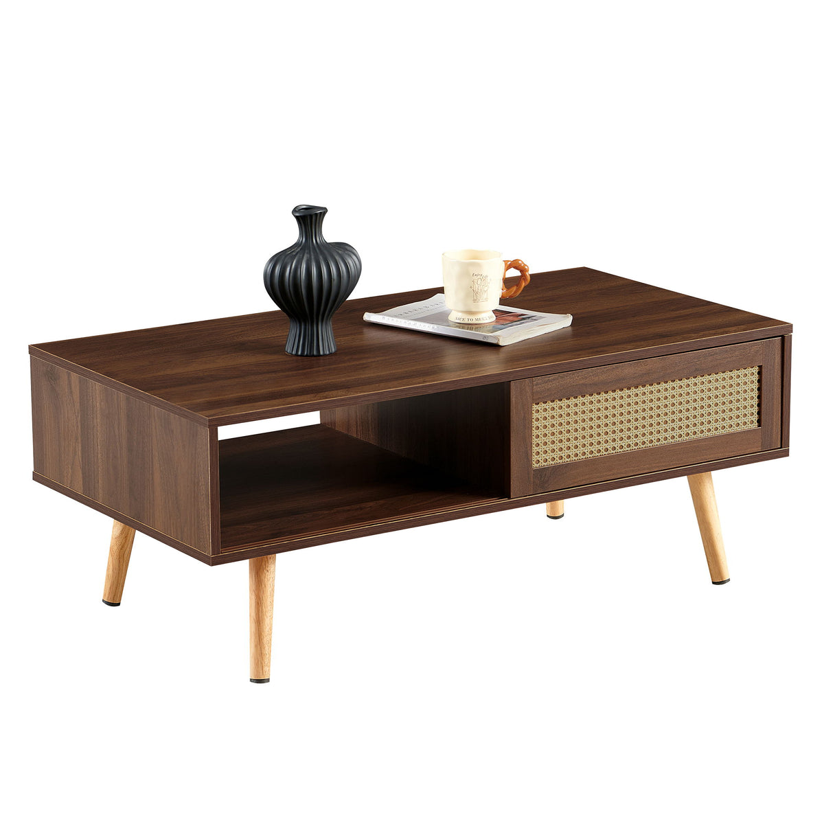 41.34" Rattan Coffee Table, Sliding Door For Storage, Solid Wood Legs, Modern Table For Living Room