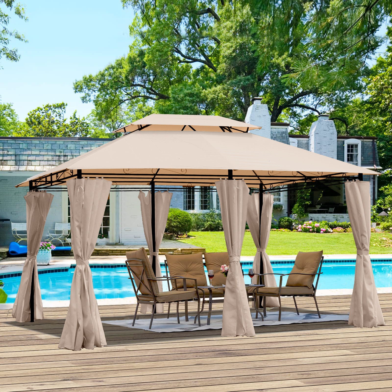 Outdoor Patio Gazebo Tent With Ventilated Double Roof And Sidewall
