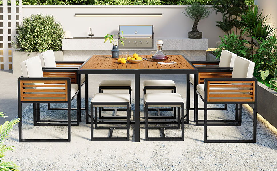 Acacia Wood Patio Dining Set, Cushioned Chairs & Ottomans Square Table
