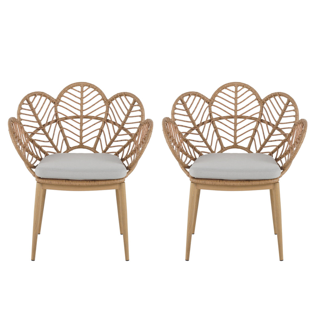Kirk - Outdoor Wicker Peacock Shape Papasan Style Chair, Teak Finished Leg (Set of 2) - Beige / Light Brown / Light Teak