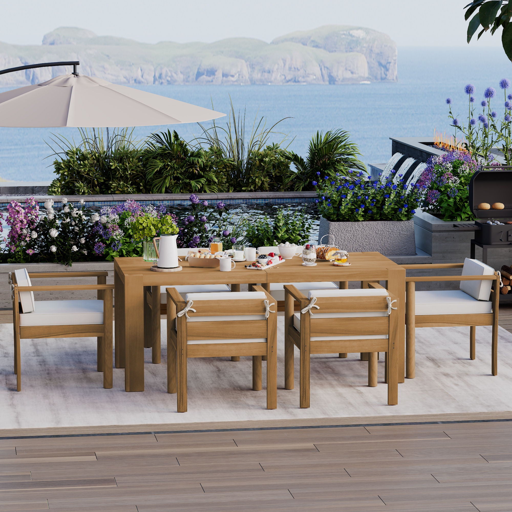Rustic Patio Dining Set For 6 With Removable Cushions