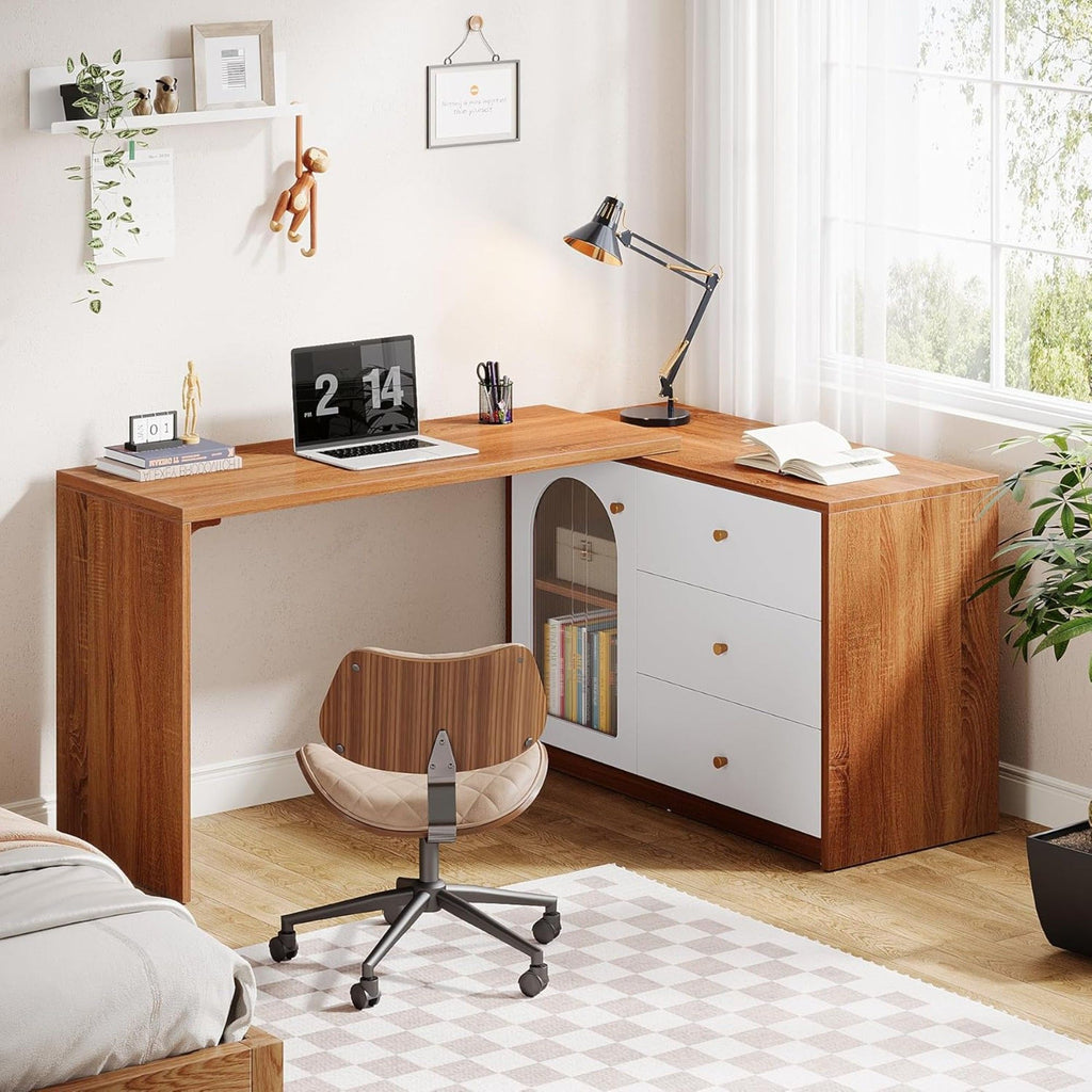 L - Shaped Computer Desk With Drawers, Reversible Corner Workstation For Home Office - Brown / White