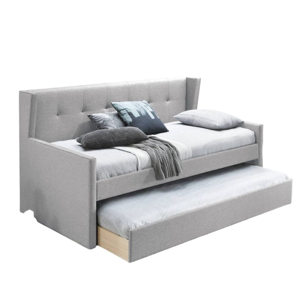 Daybed With Slat Trundle, Button Tufted - Light Gray
