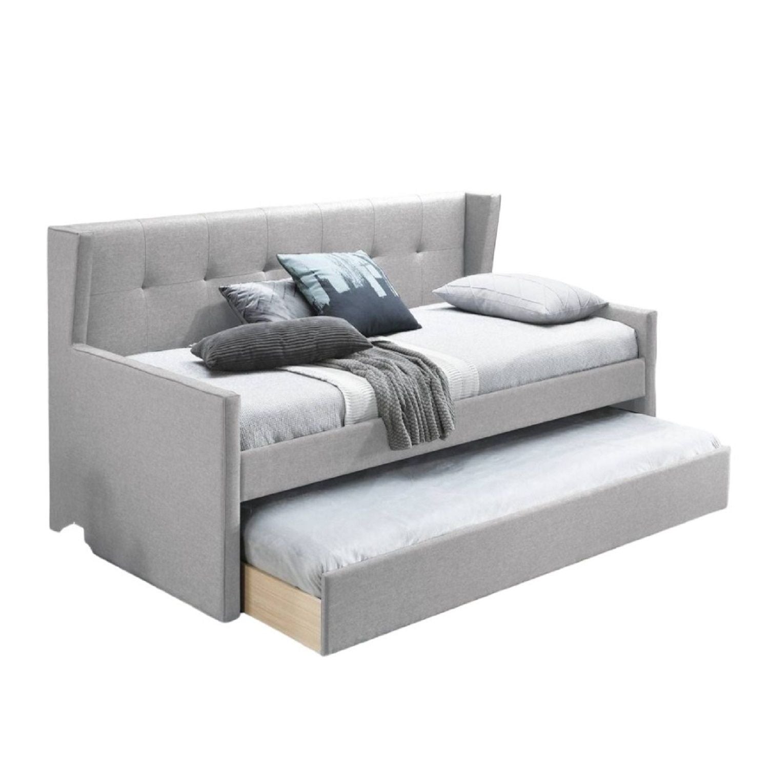 Daybed With Slat Trundle, Button Tufted - Light Gray