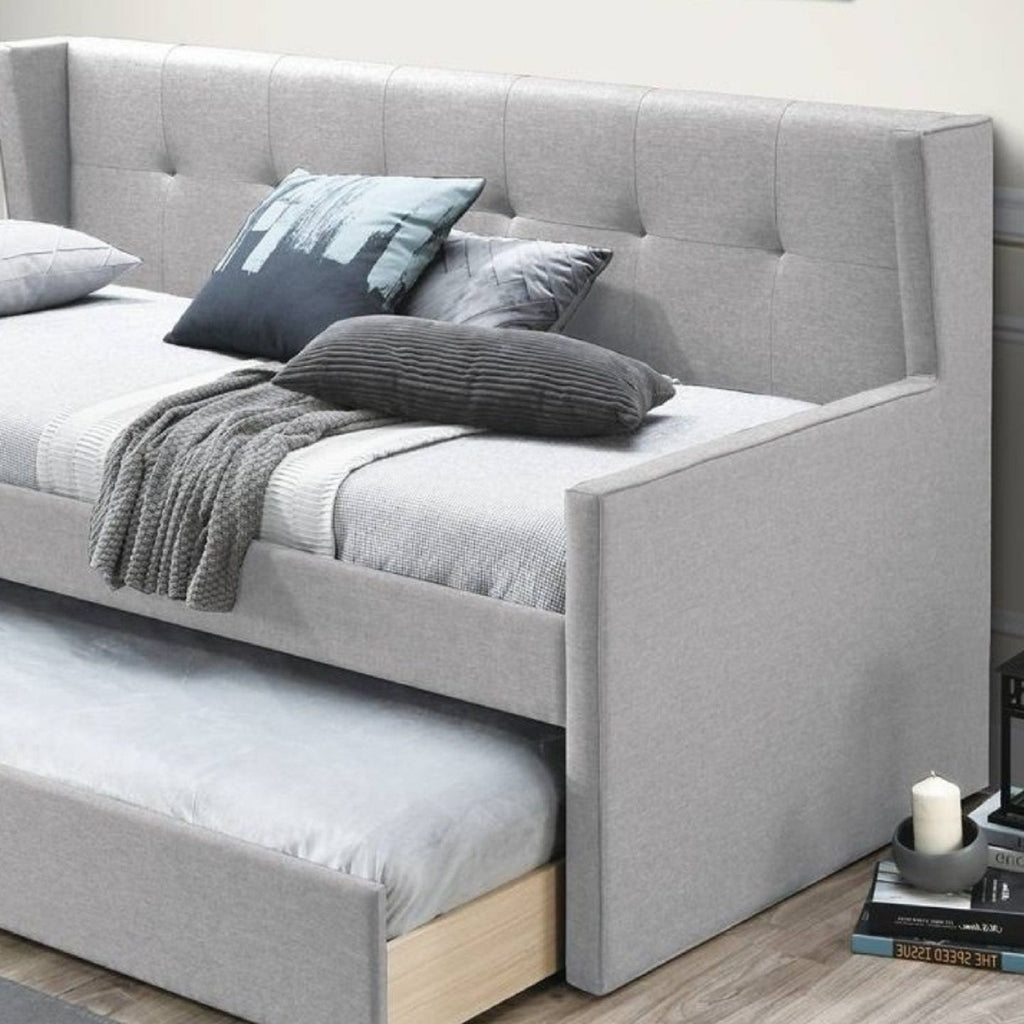 Daybed With Slat Trundle, Button Tufted - Light Gray