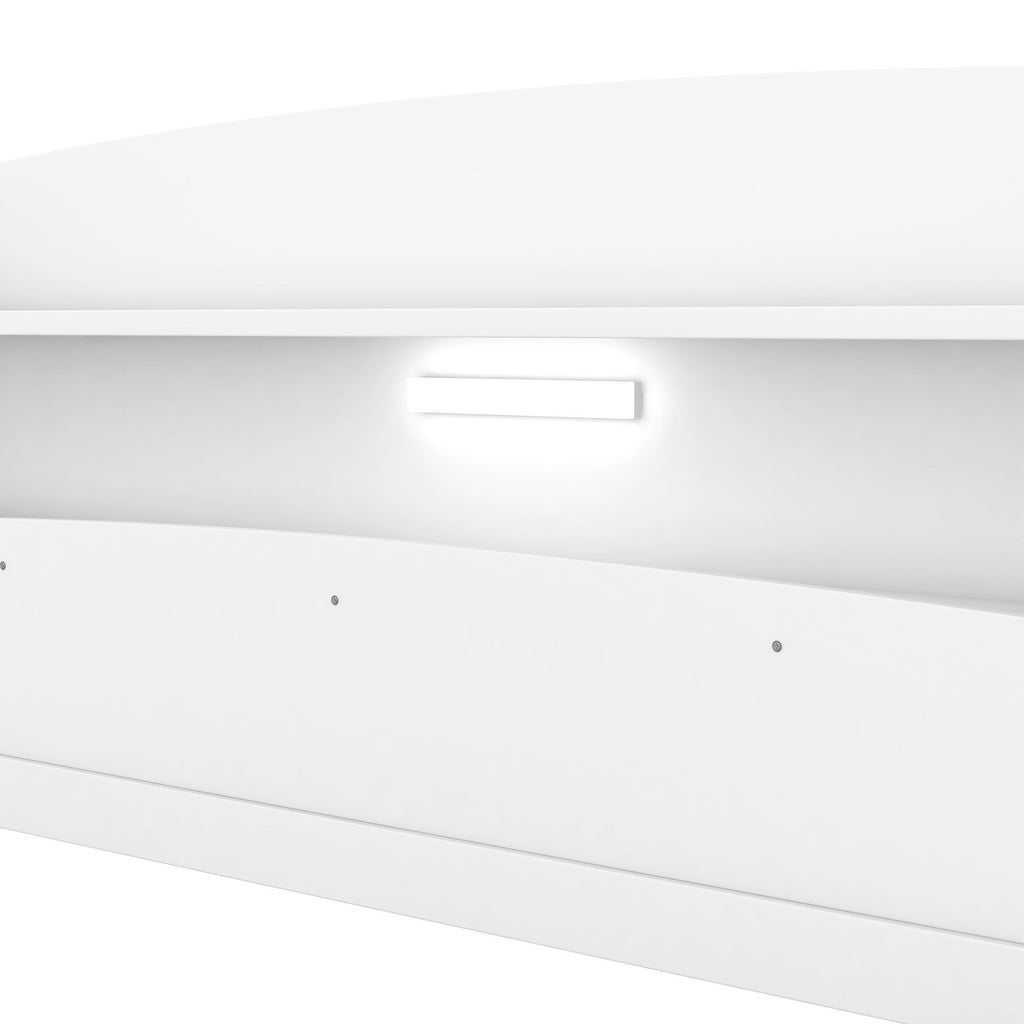 Wood Platform Bed With Built In LED Light, Storage Headboard And Guardrail