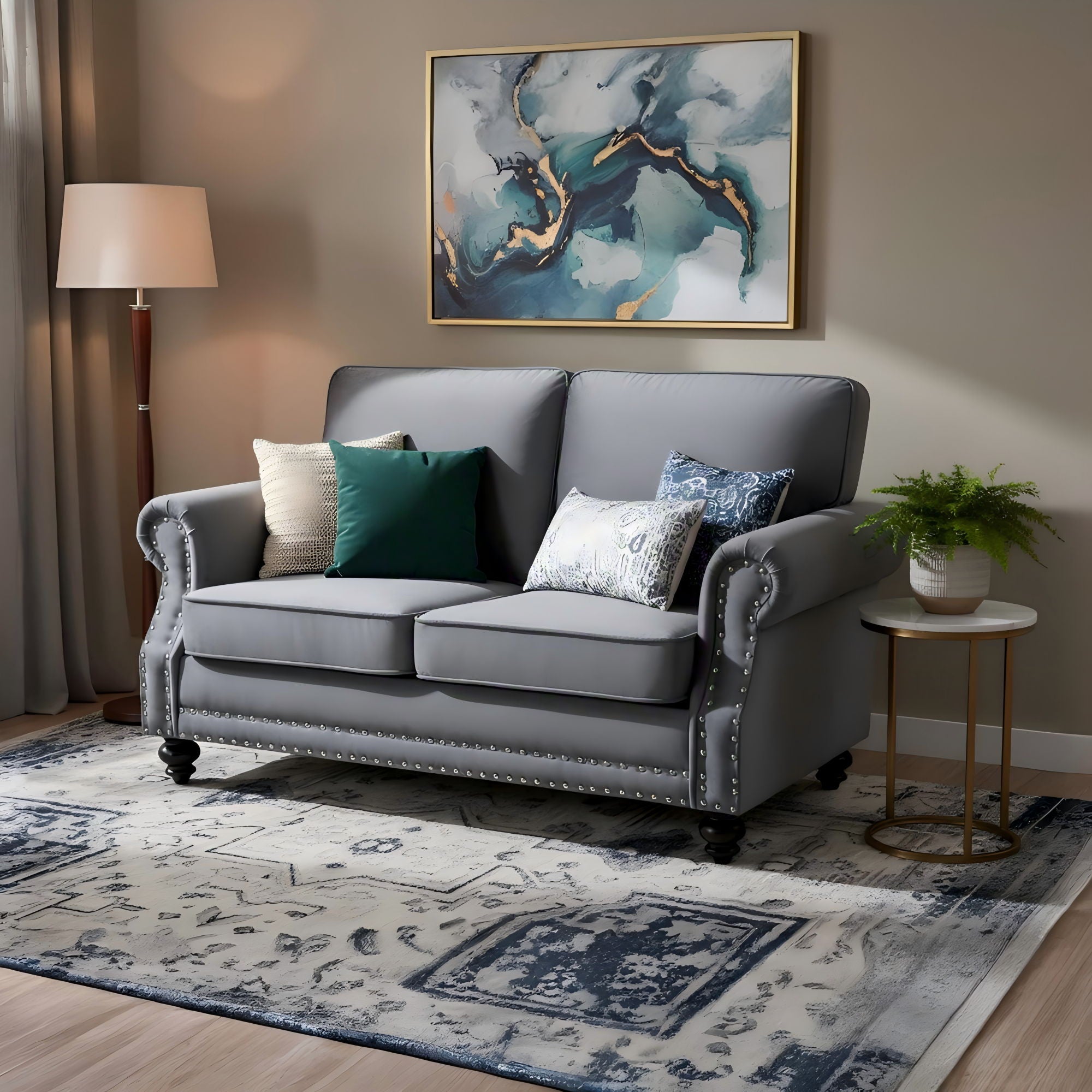 Loveseat Sofa With Nailhead Detail & Turned Legs, 2 Seater Upholstered Couch