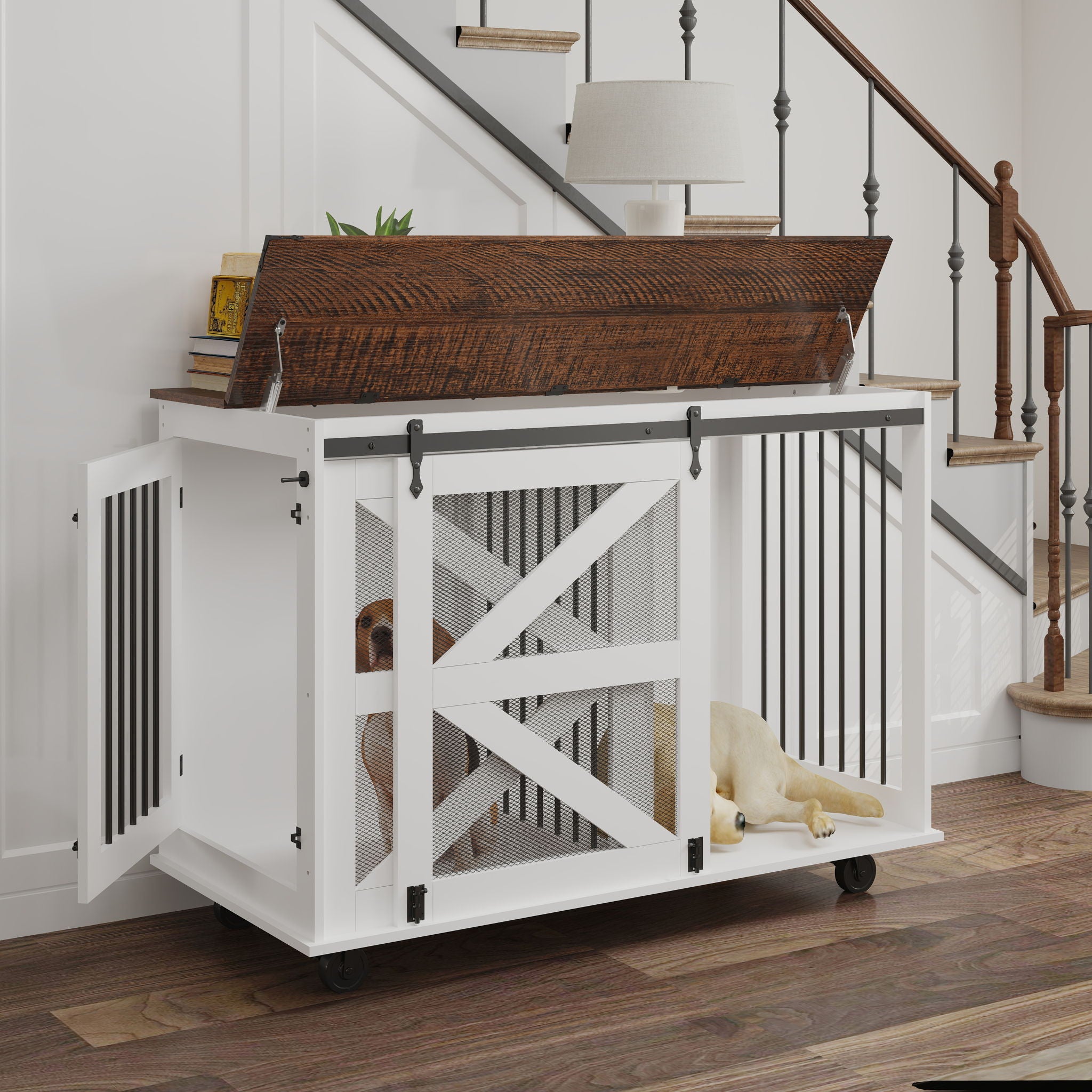 Mobile Dog Crate With Flip Top Feeding Door, Dual Access & 5 Caster System (2 Locking) - Brown White