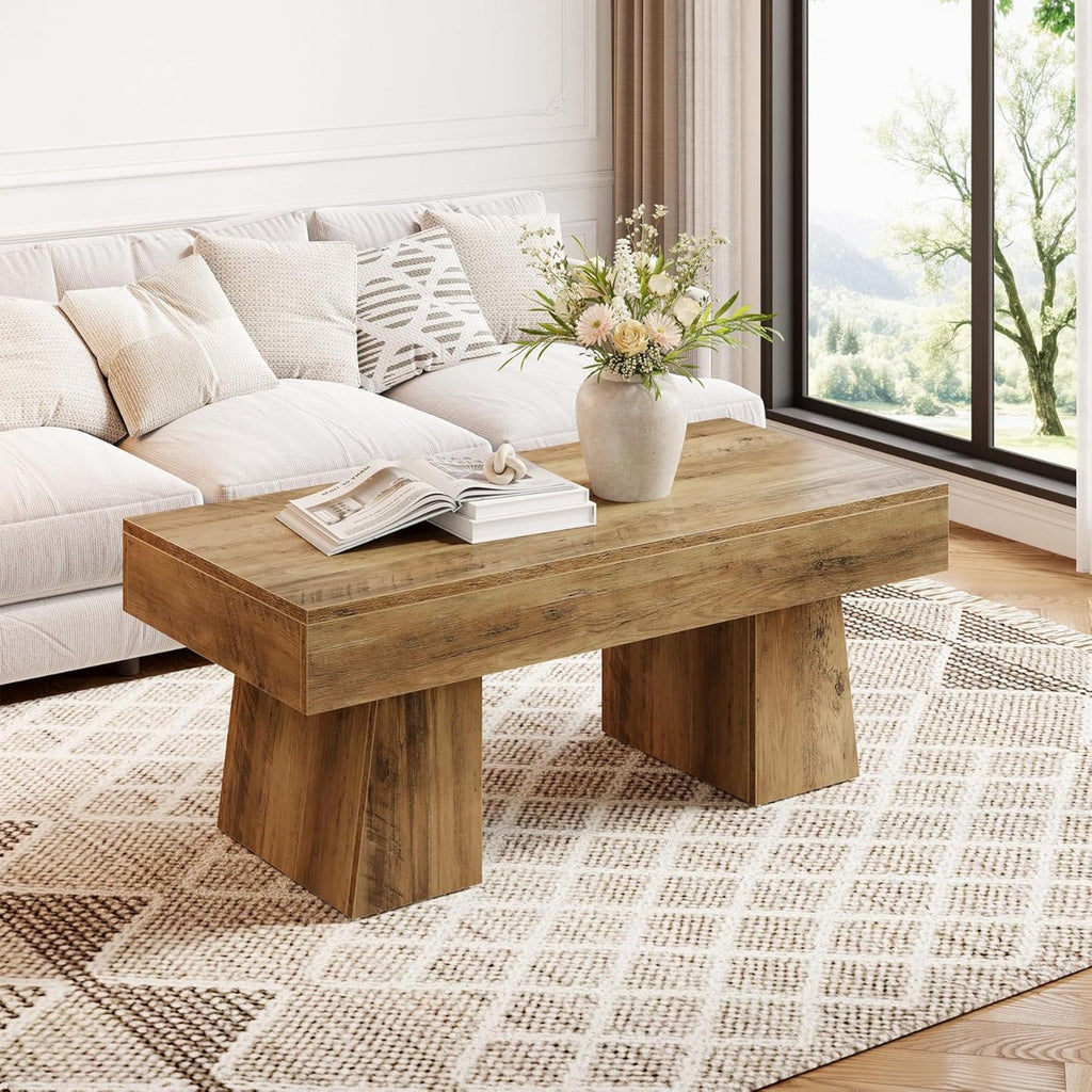 Rectangular Accent Coffee Table With Thick Base, Low Cocktail Tea Furniture For Living Room - Rustic Brown