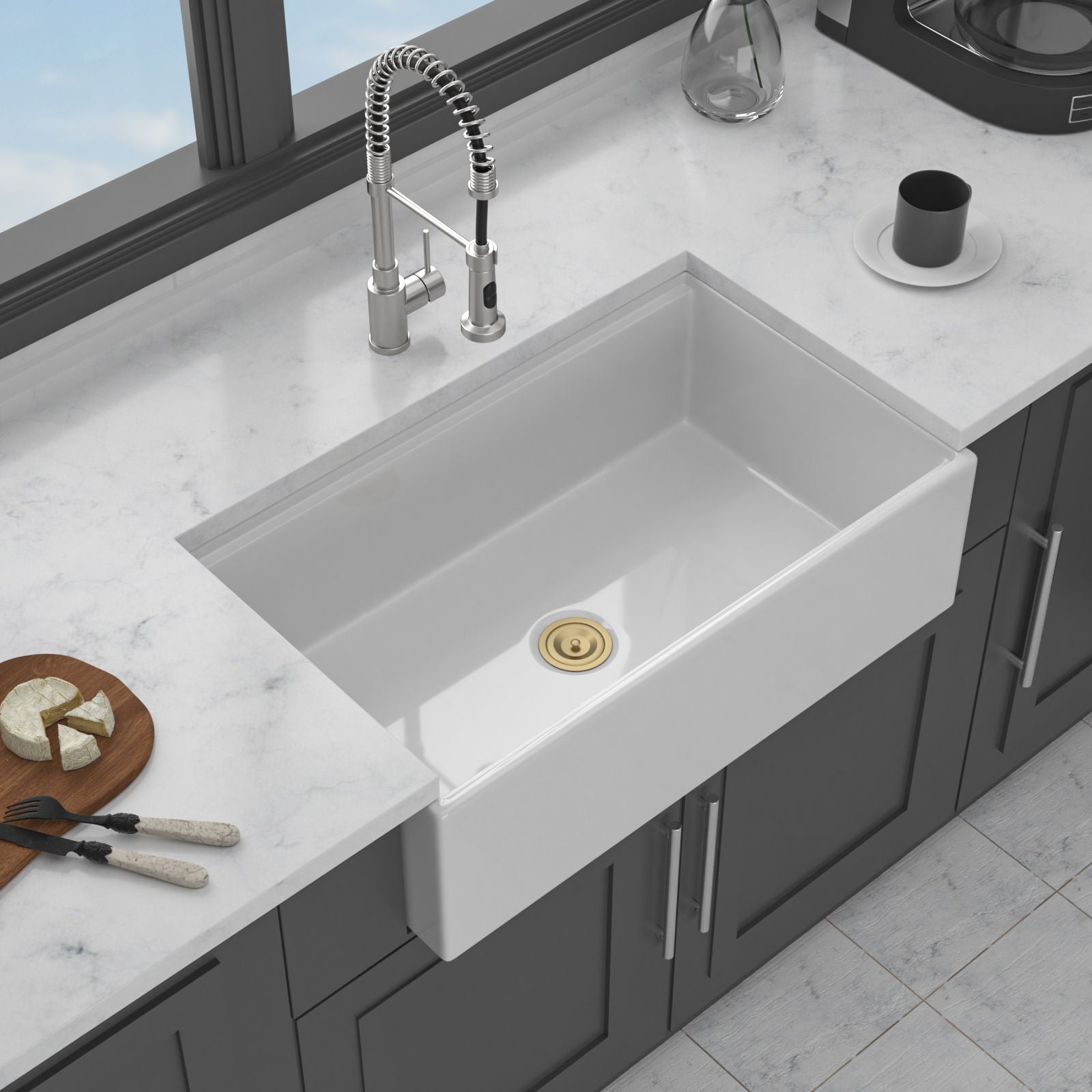 Workstation, Single Bowl Apron Front Kitchen Sink - White