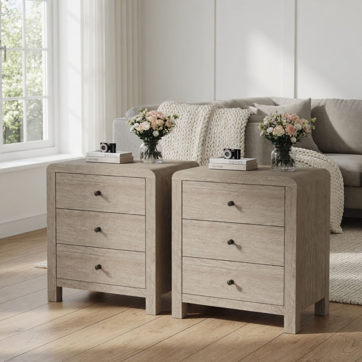 3 Drawer Chest Of Drawers With Soft Close Glides Rounded Corners Handles - Natural