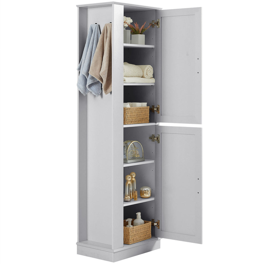 Tall Freestanding Bathroom Storage Cabinet With Adjustable Shelves And Side Hooks