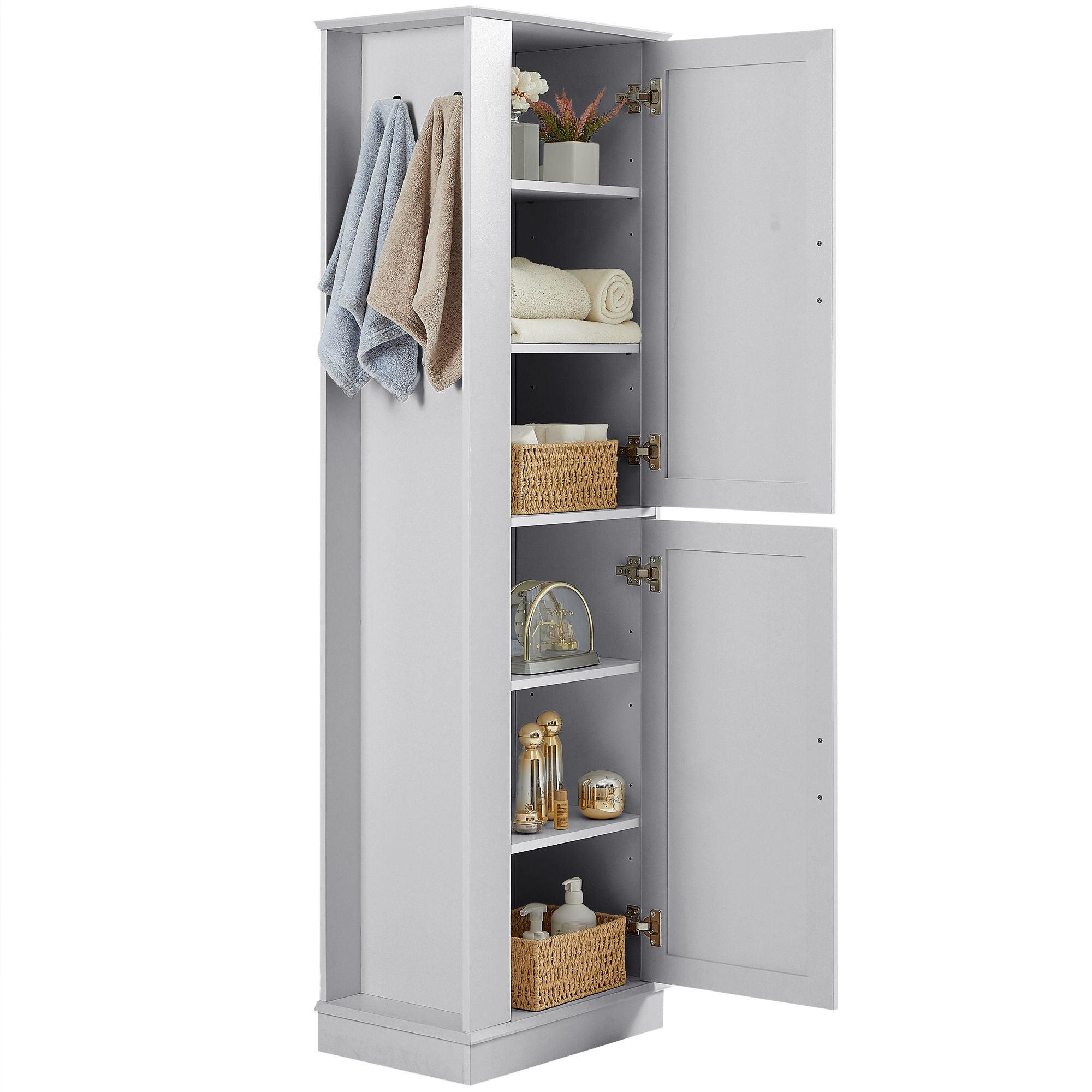 Tall Freestanding Bathroom Storage Cabinet With Adjustable Shelves And Side Hooks