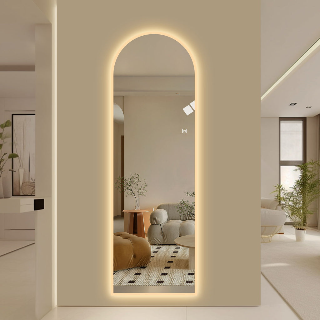 LED Full Length Wall Mirror With Symmetrical Arch Design, Dimmable 3 Color Temperature Lighting - Silver