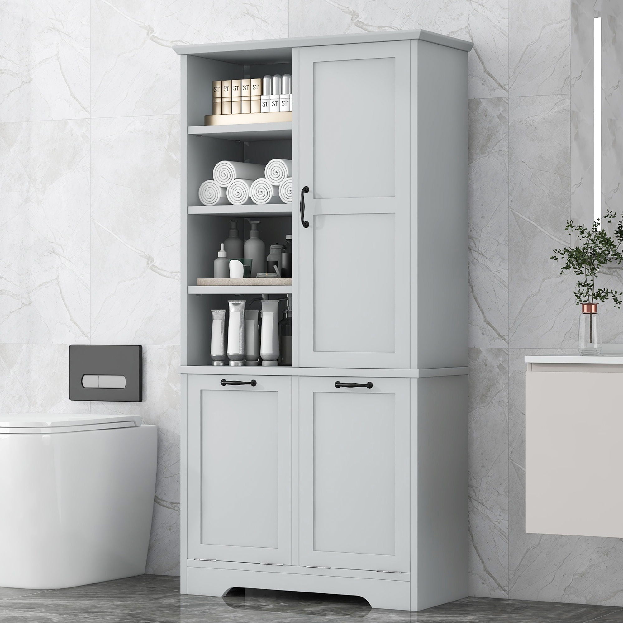 Freestanding Bathroom Storage Cabinet With Doors And Drawers, Adjustable Shelves, Tilt-Out Laundry Hamper