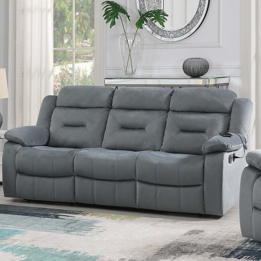 Modern Recliner Sofa With Pillow Arms, Plush Backrest, Horizontal Tufting, USB Charging Port